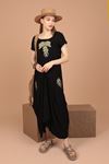 Женское платье из вискозной ткани с вышивкой павлина-Чёрный