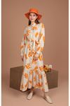Flamlı Keten Kumaş Yaprak Desen Kadın Elbise-Oranj