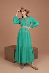 Linen Fabric Embroidered Belted Women's Dress-Mint