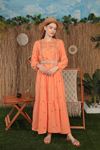 Linen Fabric Embroidered Belted Women's Dress-Orange