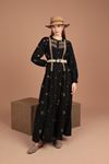 Linen Fabric Embroidered Belted Women's Dress-Black