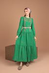 Keten Kumaş Nakışlı Kemerli Kadın Elbise-Yeşil
