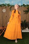 Keten Kumaş Volanlı Kadın Elbise-Oranj