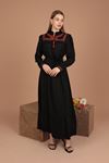 Linen Fabric Embroidered Collar Women's Dress-Black