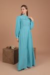 Linen Fabric Lace Women's Dress-Blue