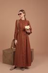 Linen Fabric Embroidered Women's Dress-Brown