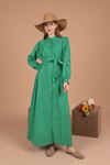 Keten Kumaş Toniton Nakışlı Kadın Elbise-Yeşil