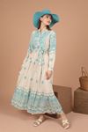 Linen Fabric Patterned Women's Dress-Blue