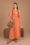 Keten Kumaş  Nakışlı Uzun Kadın Elbise-Oranj