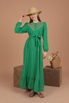 Aerobin Keten Kumaş Nakışlı Kadın Elbise-Yeşil