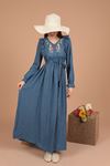 Ruffled Embroidered Women's Dress-Blue