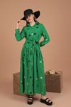 Aerobin Kumaş Çiçek Nakışlı Kadın Elbise-Yeşil