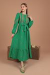 Aerobin Keten Nakışlı Kadın Elbise-Yeşil