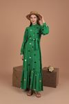 Aerobin Keten Kumaş Nakışlı Kadın Elbise-Yeşil