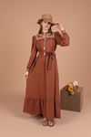 Linen Fabric Embroidered Collar Women's Dress-Brown