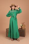 Keten Kumaş Yakası Nakışlı Kadın Elbise-Yeşil