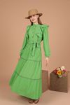 Keten Kumaş Volanlı Kadın Elbise-Fıstık Yeşili