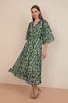 Chiffon Fabric Anvelop Shoulders Ruffled Midi Women's Dress-Green