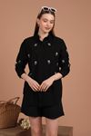Linen Fabric Daisy Pattern Women's Shirt-Black