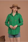 Keten Kumaş Boncuk İşlemeli Kadın Gömlek-Yeşil