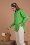 Keten Kumaş Papatya Desen Kadın Gömlek-Yeşil