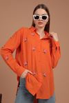 Linen Fabric Rose Embroidered Women's Shirt-Orange