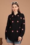 Linen Fabric Rose Embroidered Women's Shirt-Black