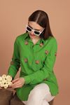 Linen Fabric Rose Embroidered Women's Shirt-Green