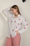 Linen Fabric Rose Embroidered Women's Shirt-White