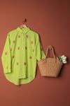 Linen Fabric Rose Embroidered Women's Shirt-Pistachio Green 