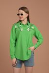 Keten Kumaş Papatya Nakışlı Kadın Gömlek-Yeşil