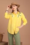 Linen Fabric Daisy Embroidered Women's Shirt-Yellow