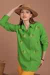 Keten Kumaş Çıtır Çiçek Nakışlı Kadın Gömlek-Yeşil