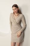Örme Krep Kumaş Anvelop Yaka Eteği Pileli Kadın Elbise-Bej