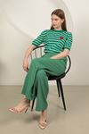 Triko Çizgili Kalp Desenli Kadın Kısa Kol Bluz-Yeşil