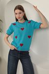 Knitwear Heart Detail Short Sleeve Knitwear-Turquoise