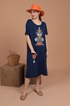 Viscose Fabric Embroidered Women's Dress-Navy Blue