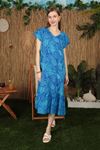 Viskon Kumaş Yaprak Desen Altı Fırfırlı Kadın Elbise-Mavi