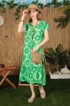 Viskon Kumaş Batik Desen Eteği Fırfırlı Kadın Elbise-Yeşil