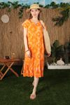 Viskon Kumaş Batik Desen Eteği Fırfırlı Kadın Elbise-Oranj