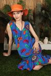 Viscose Fabric Women's Midi Dress-Sax