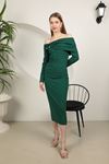 Crepe Fabric Madonna Dress With Neckline Accessories-Emerald Green
