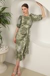 Parlak Kumaş Batik Desen Kadın Elbise-Haki