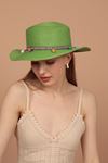 Hasır Geniş Etnik Şeritli Şapka-Yeşil