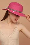 Straw Hat With Wide Ethnic Stripe-Fuchsia