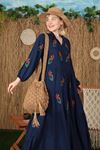 Viskon Kumaş Çıtır Çiçek Desen Kadın Elbise-Lacivert