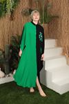 Viskon Kumaş Garnili Nakışlı Kadın Salaş Elbise-Yeşil-Siyah