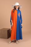 Viscose Fabric Embroidered Women's Casual Dress-Sax/Orange