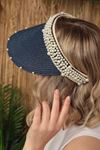 Straw Open Top Hat with Pearl Accessory-Navy Blue