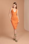 Triko V Yaka Kadın Midi Elbise-Oranj